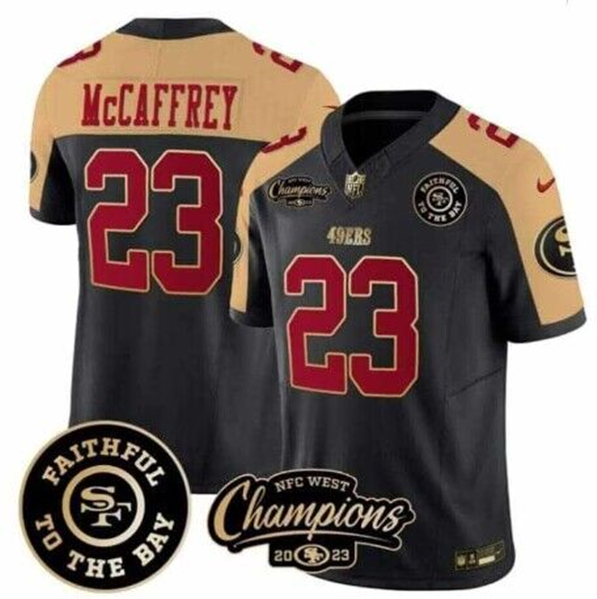 Men's San Francisco 49ers Active Player Custom Black Faithful & 2023 F.U.S.E. West Champions Patch Vapor Limited Stitched Football Jersey Men's San Francisco 49ers Active Player Custom Black Faithful & 2023 F.U.S.E. West Champions Patch Vapor Limited Stitched Football Jersey